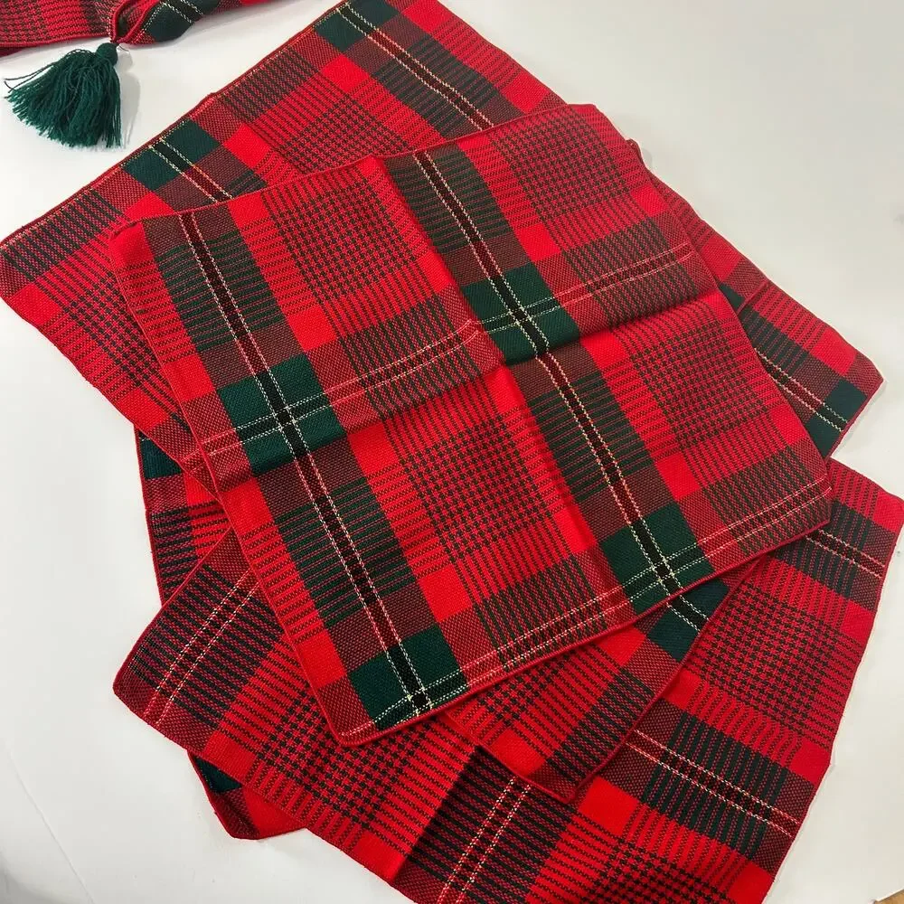 Vintage Red Green Plaid Table Runner & 5 Napkins Set Tartan Christmas Decor